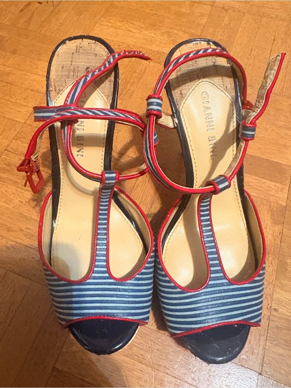 Gianni Bini Navy and White Striped Peep-Toe Sandals with Red Trim